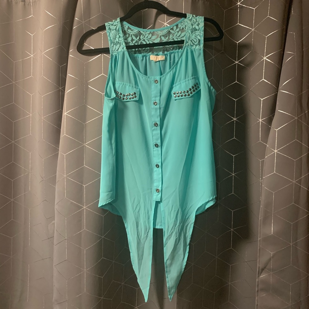 Teal top with tie front and studded front pockets